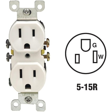 Leviton Straight Blade Receptacle, 5-15R, 15 A, 125V AC, 2 Pole, 3 Wire, Grounded S12-05320-0WS